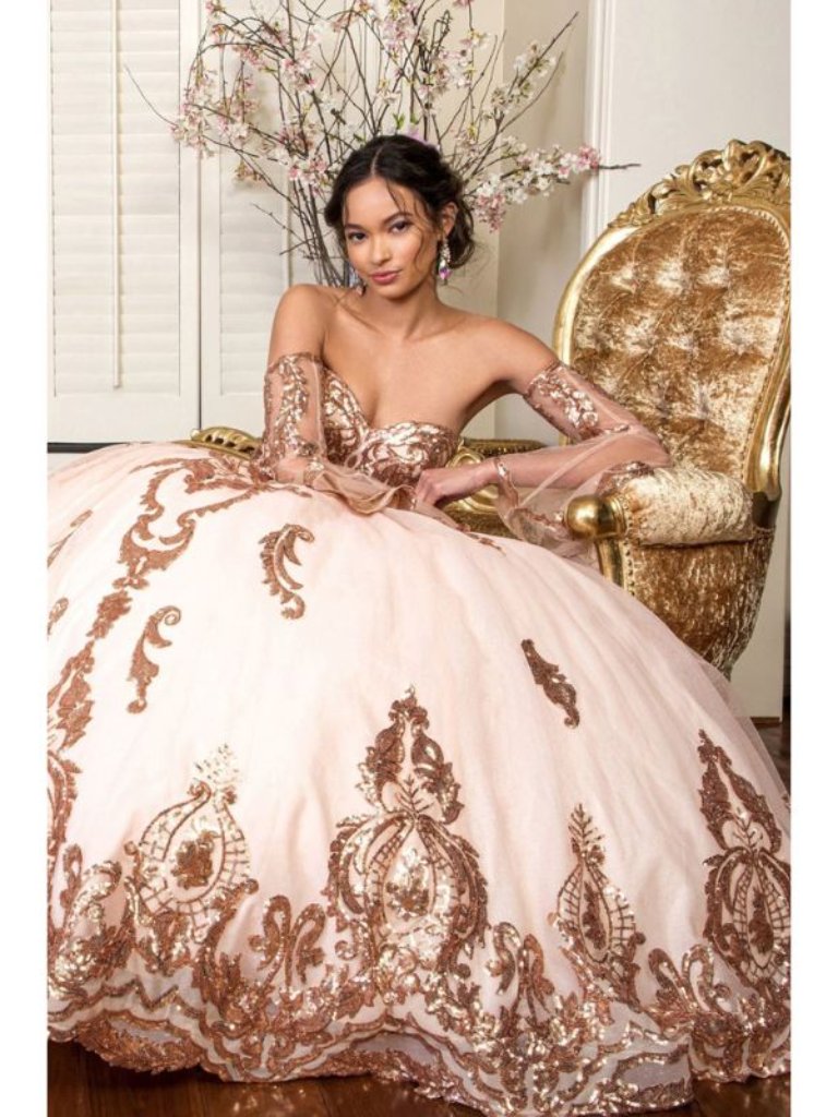 Clearance Champagne 2xl Sequin Print Strapless Ball Gown By Elizabeth K Gl1914